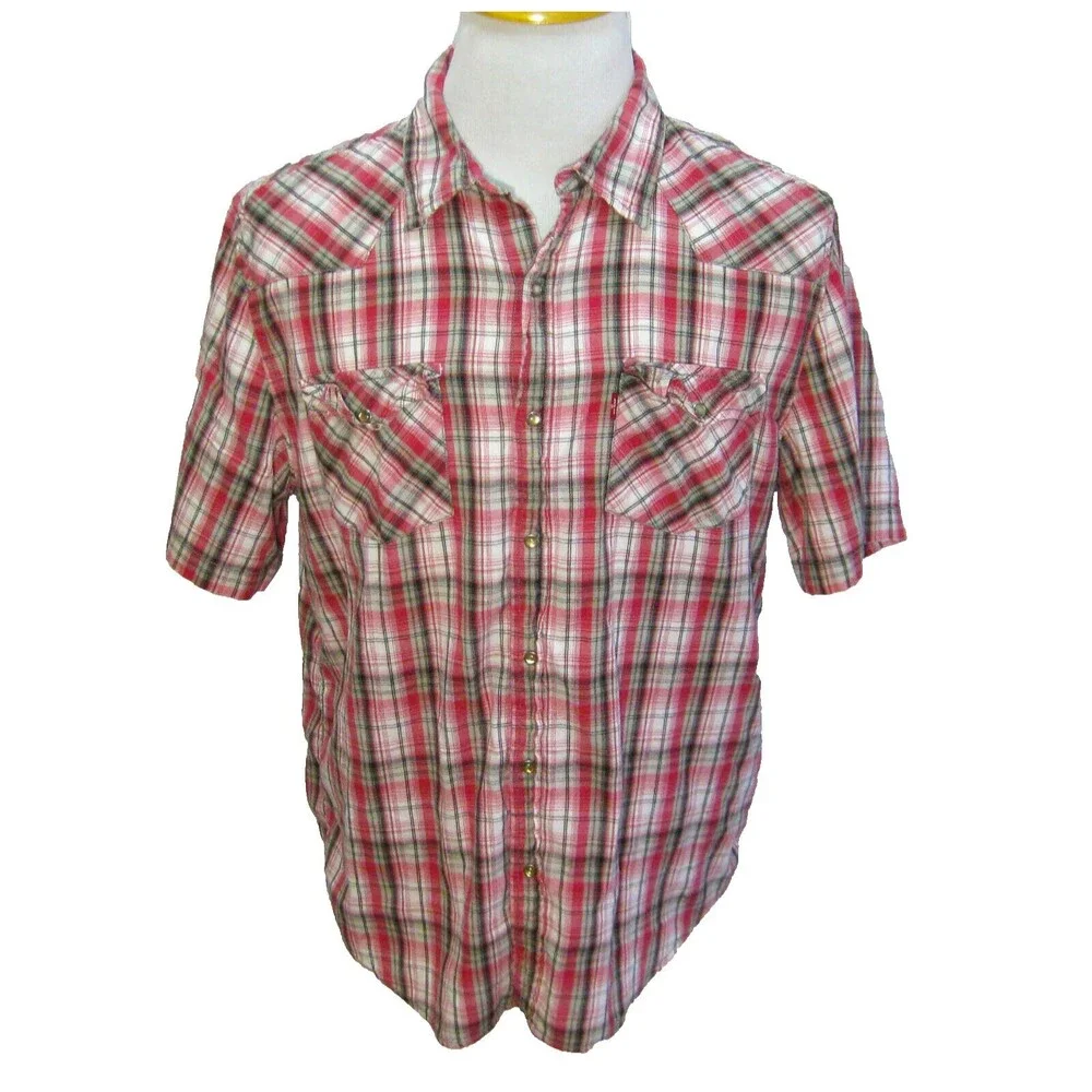 LEVI'S Mens (Size XL) Red Plaid Short Sleeve Pearl Snap Western Cowboy Shirt Top
